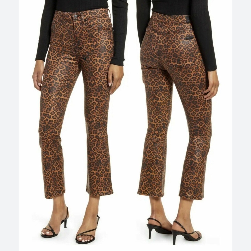 7 For All Mankind Womens Leopard Slim Kick Flare‎ Crop Jeans High Waist Size 30